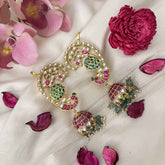 Vriksham Designer peacock Motif Kundan Jadau Jhumka With Ear cuff-Green Bead-Pearls-J3590